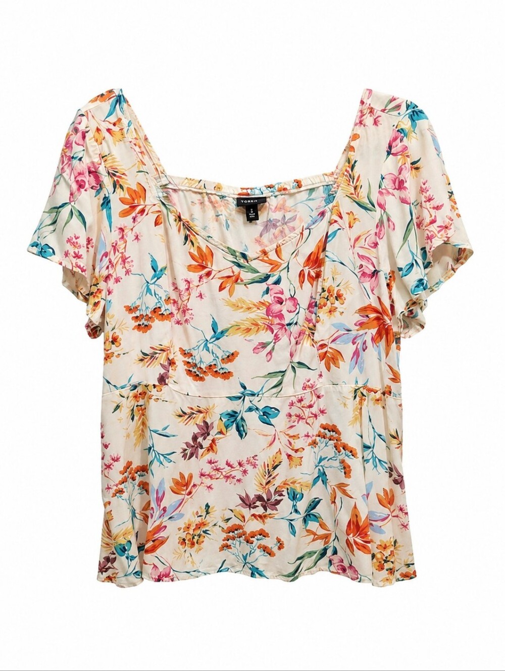 Torrid Floral Babydoll Top Flutter Sleeve Peplum Blouse Scoop Neckline Size 2X - Picture 2 of 9